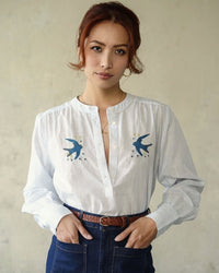 Marie Louise De Monterey Swallow Blouse Blue Pin Stripe