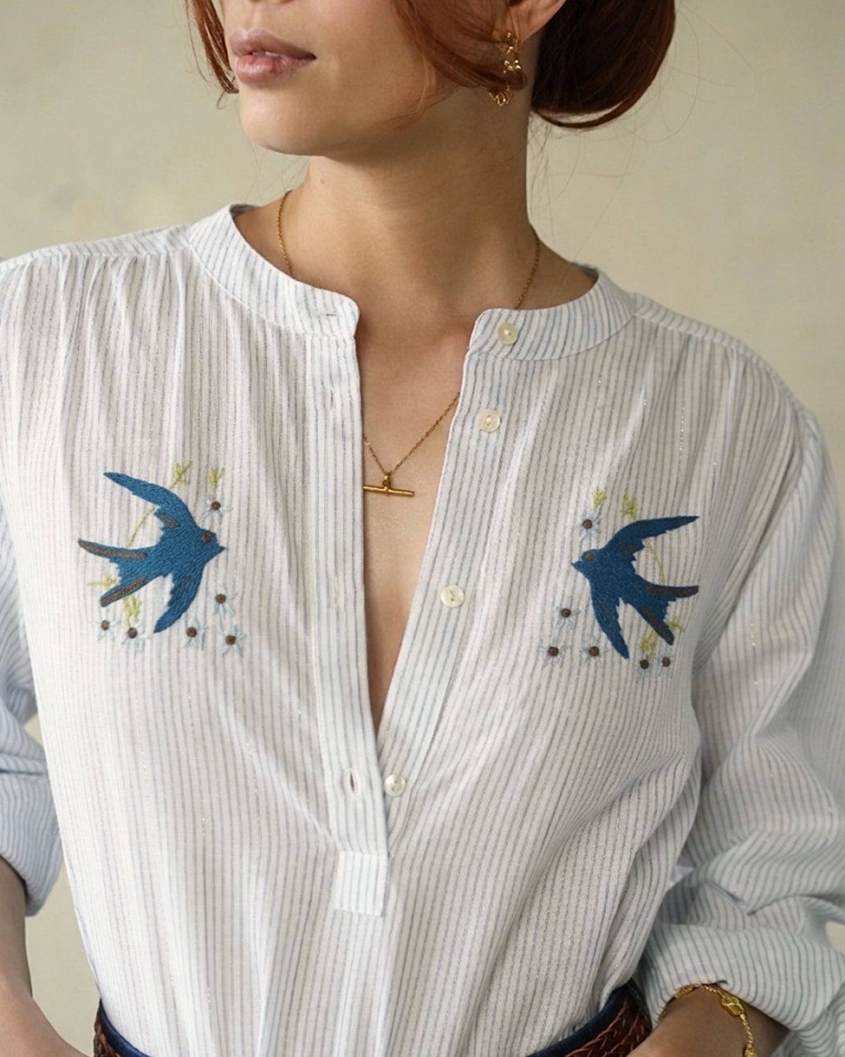Marie Louise De Monterey Swallow Blouse Blue Pin Stripe