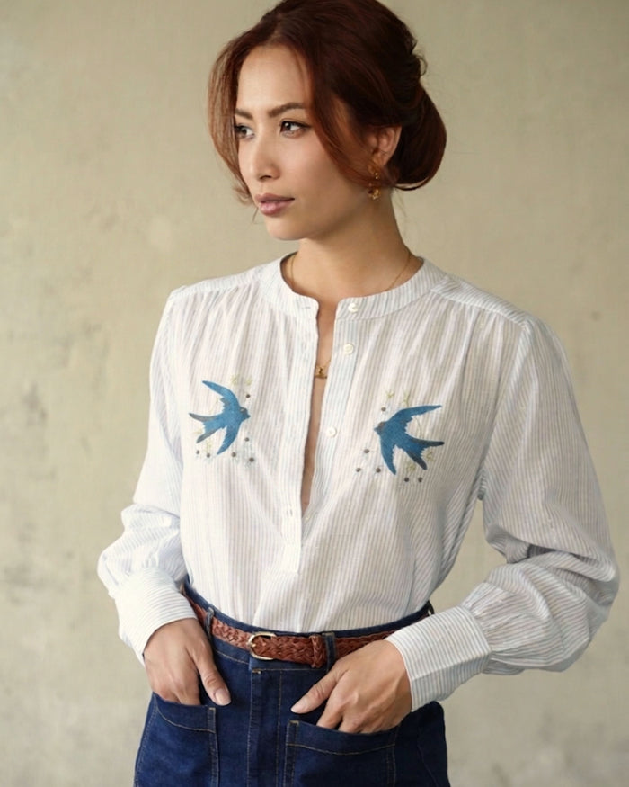 Marie Louise De Monterey Swallow Blouse Blue Pin Stripe