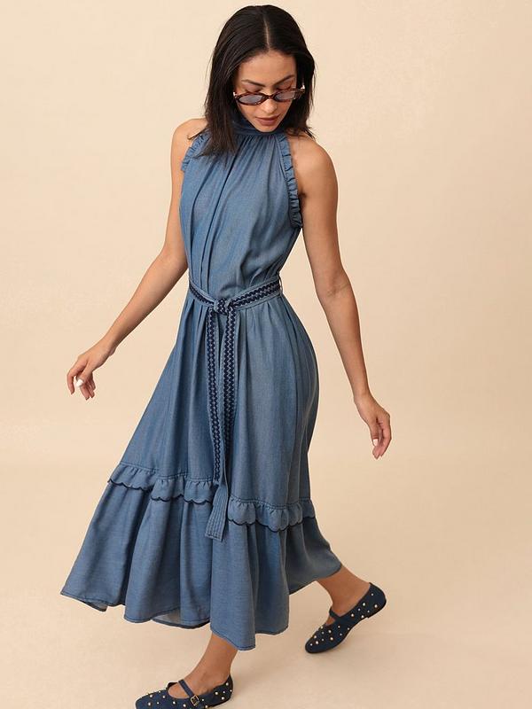Emily Lovelock Celine halter neck dress in blue - front