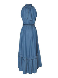 Emily Lovelock Celine halter neck dress in blue - back