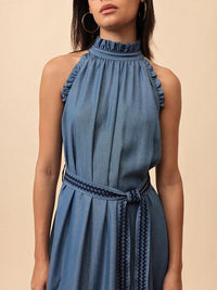 Emily Lovelock Celine halter neck dress in blue - neckline detail