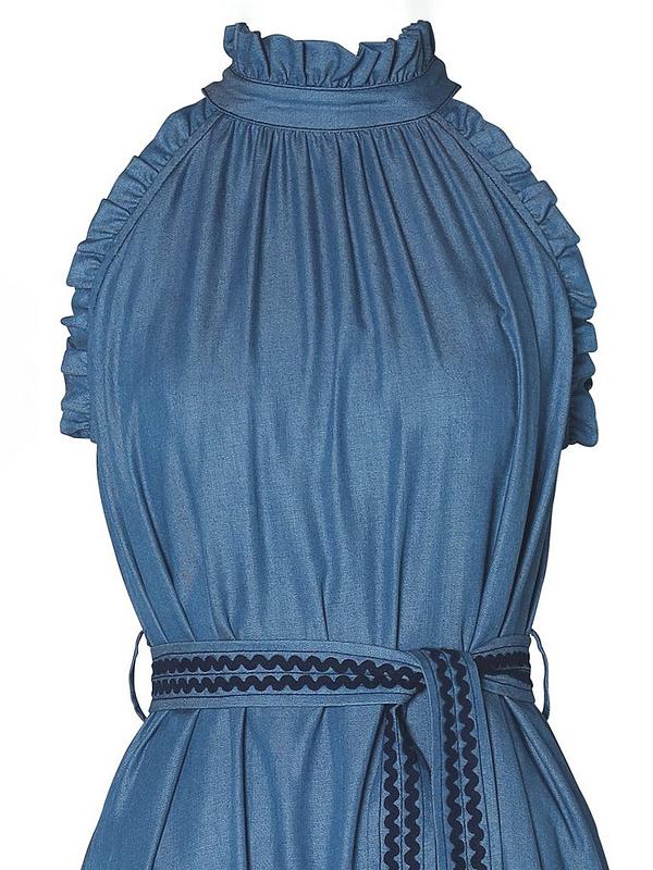 Emily Lovelock Celine halter neck dress in blue - frill hem detail
