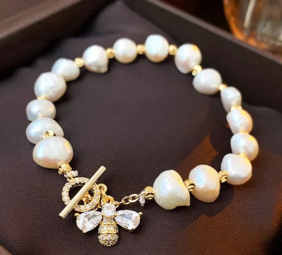 Retro Heart Shape Bee Freshwater Pearl Copper Bracelet