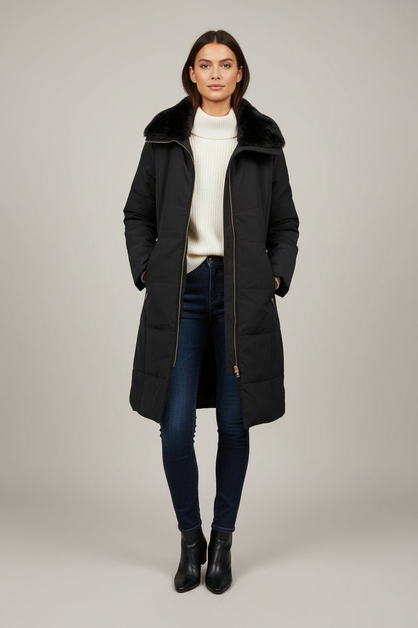 Sabena - Long Line Puffer Coat with Fur Trim