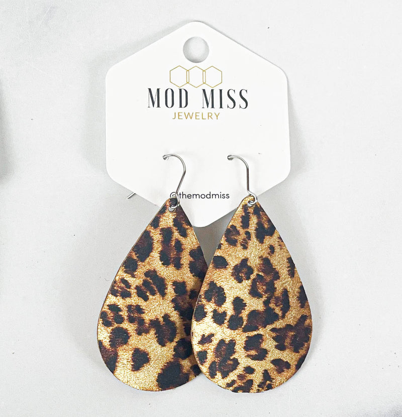 Leopard Metallic - Leather Teardrop Earring