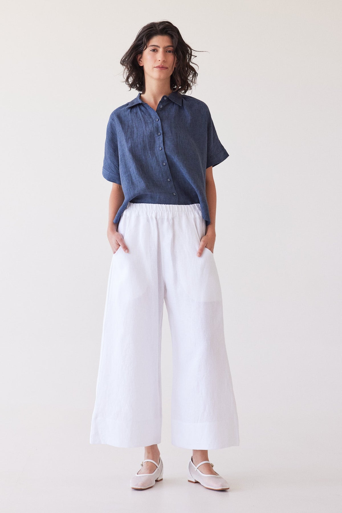 Eva's Sunday Lumi Collared Shirt Navy with Oliver Pant White