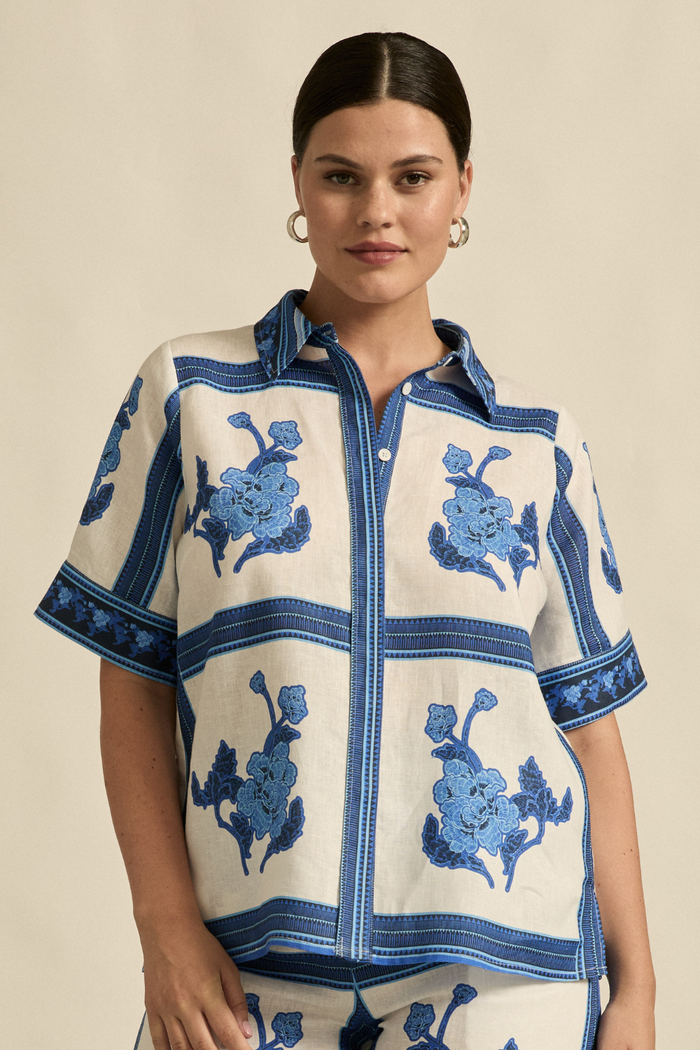 Zoe Kratzmann - Pixel Top - Azure Collage Blue Print
