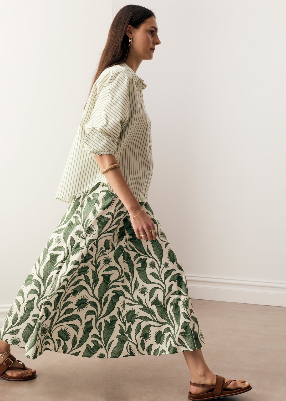 POL Botanica Skirt styled with a stripe shirt