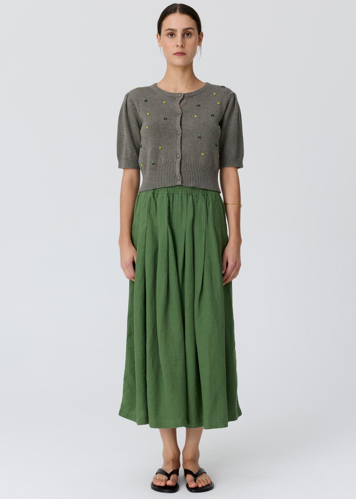POL Viloa Beaded Short Sleeve Cardigan in Moss