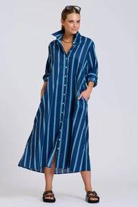 The Luna Oversized Long Line Shirt Dress - Navy with Green Stripe