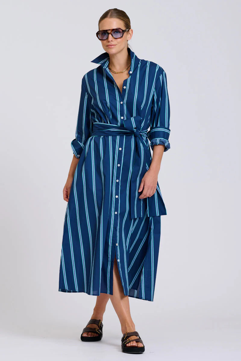The Luna Oversized Long Line Shirt Dress - Navy with Green Stripe