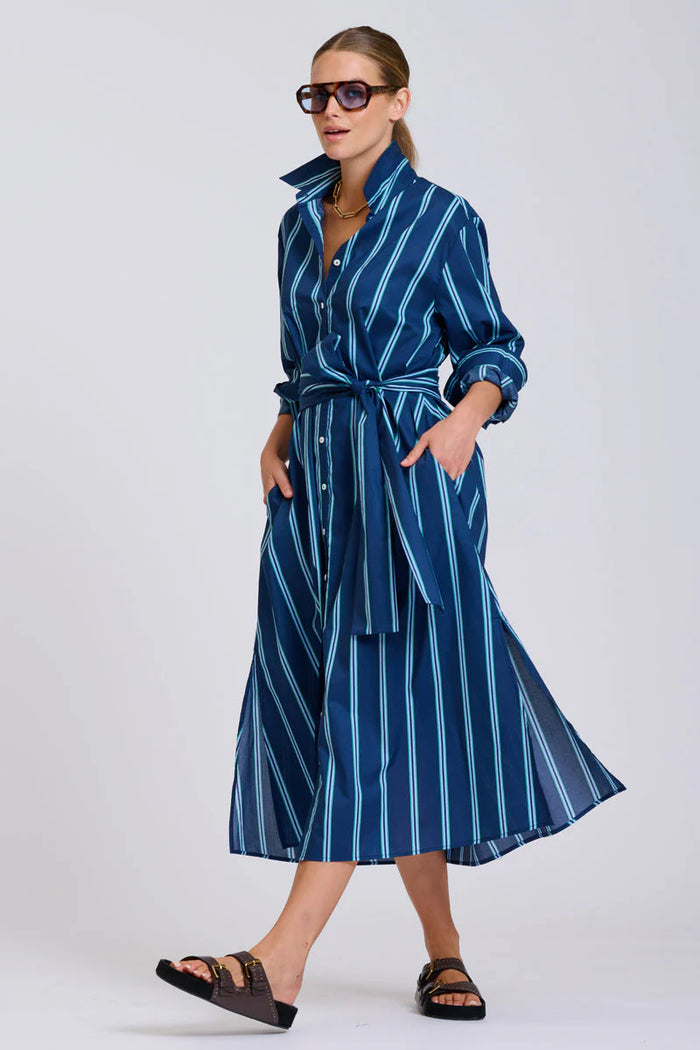 The Luna Oversized Long Line Shirt Dress - Navy with Green Stripe