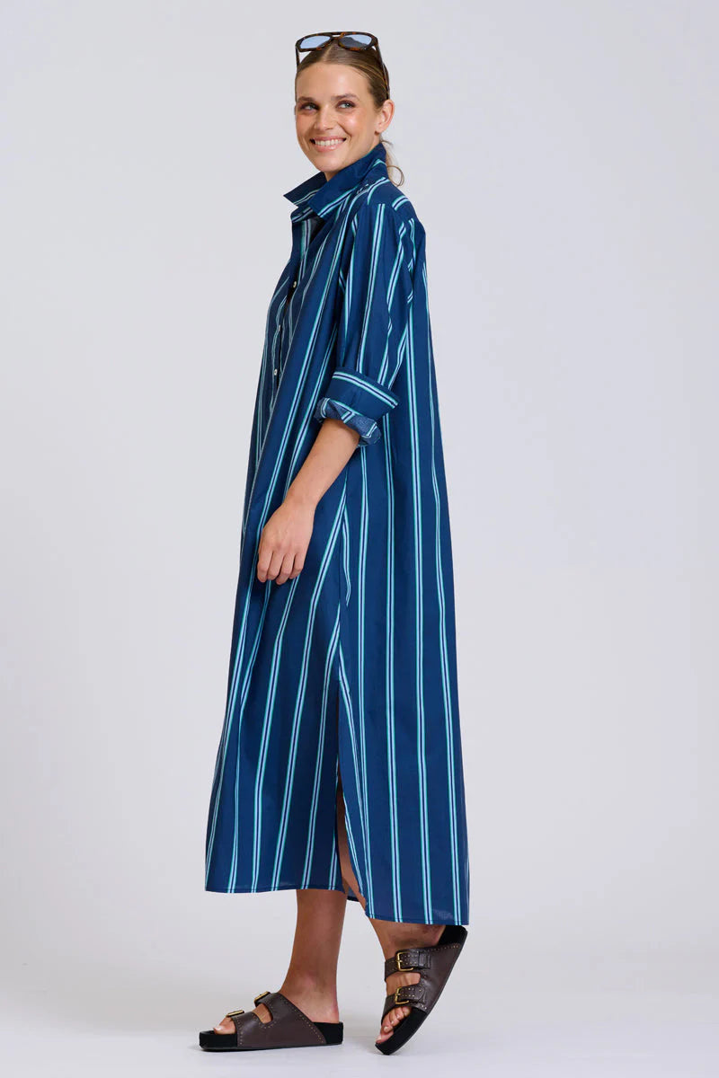 The Luna Oversized Long Line Shirt Dress - Navy with Green Stripe