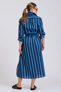 The Luna Oversized Long Line Shirt Dress - Navy with Green Stripe
