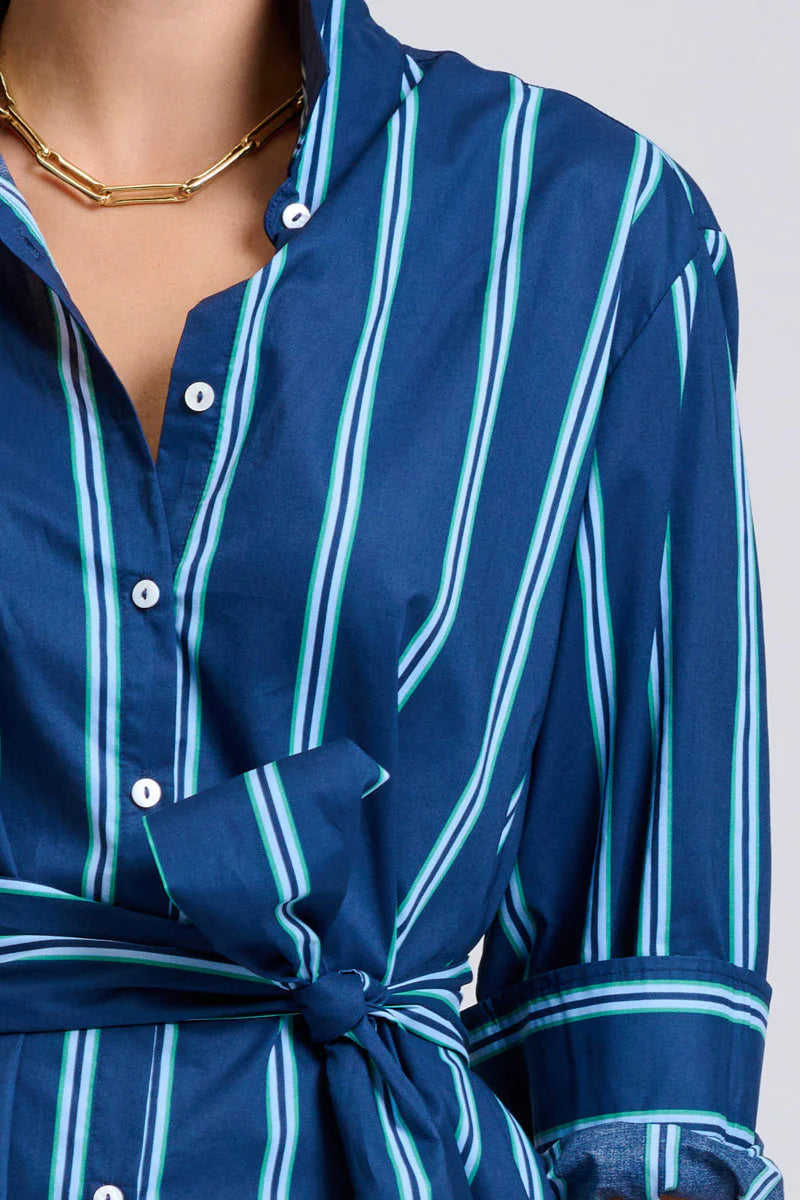 The Luna Oversized Long Line Shirt Dress - Navy with Green Stripe
