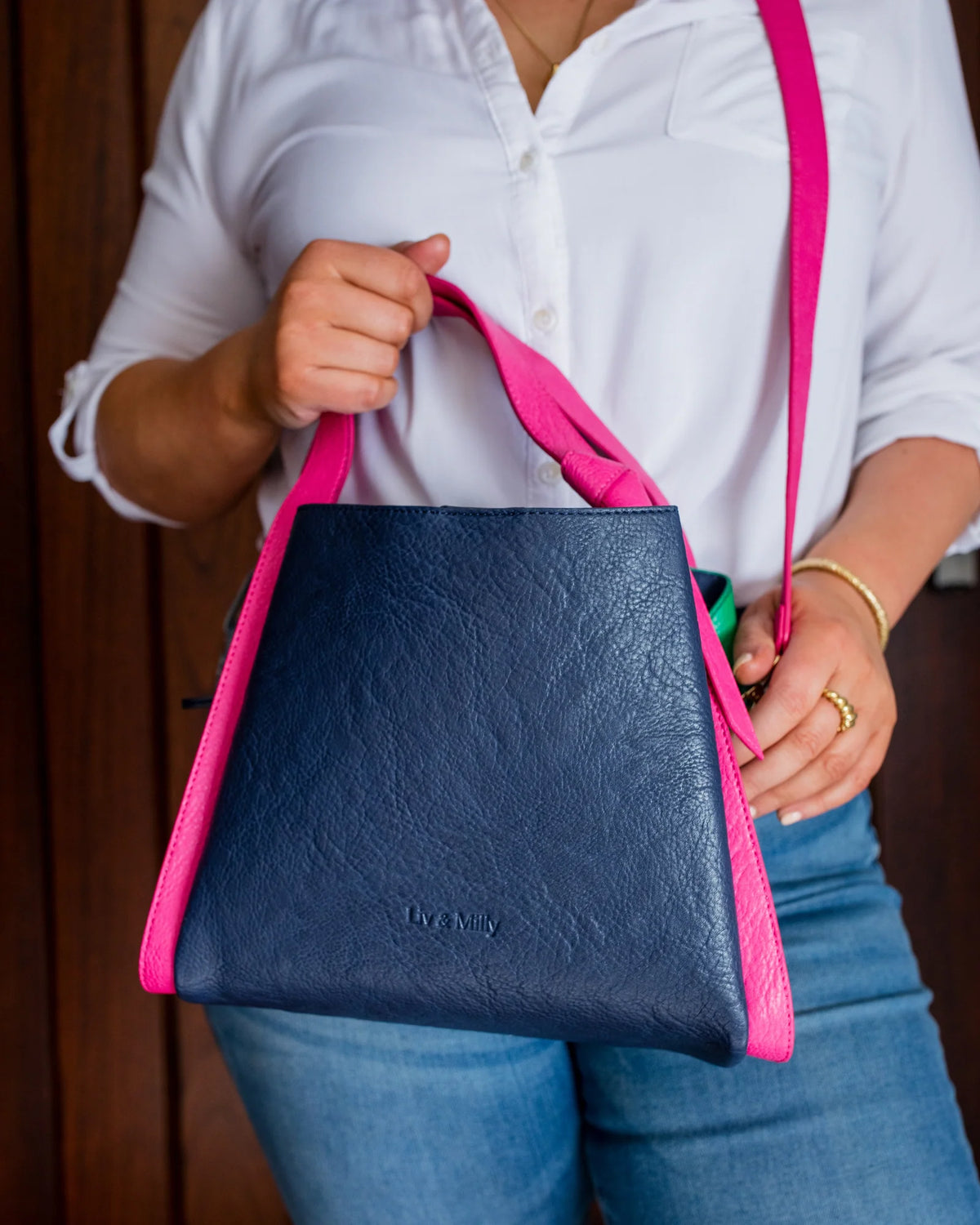 Tanya Handbag - Navy, Green & Fuchsia