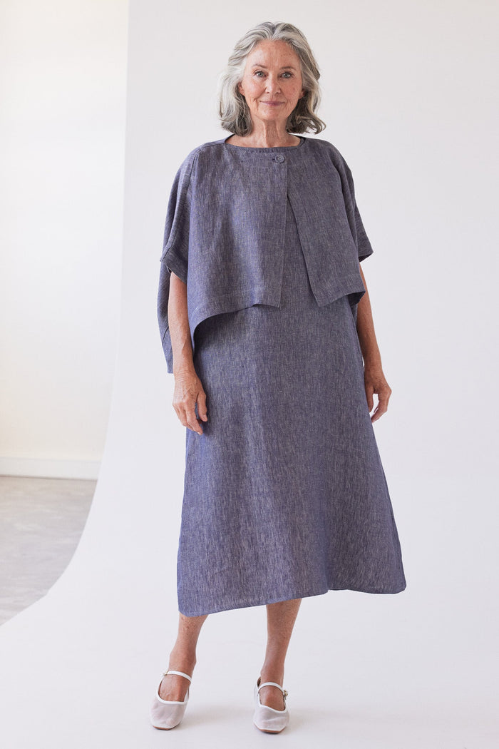 Eva's Sunday Tussie Capelet over Asher Dress, Dusty Denim