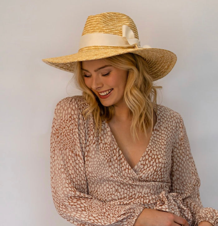 Wheat Straw Panama Ultrawide brim- natural straw-Optional Off white Ribbon